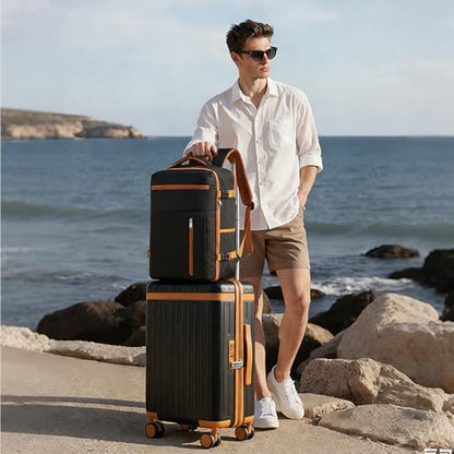 3 Piece Carry On Luggage Set with Backpack, Black-Brown | PC+ABS Travel Suitcase Sets Hardshell Rolling Luggage Lightweight Durable - color: Black-Brown, size: 20''/BP/TB