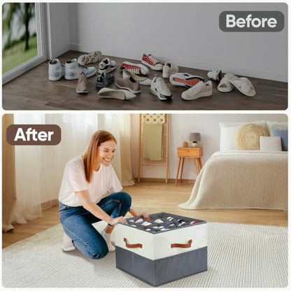 Shoe Organizer for Closet, Adjustable Storage Box Holds 32 Pairs - color: Beige & Grey
