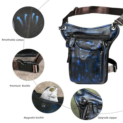 Water Resistant Canvas + Leather Motorcycle Fanny Waist Pack One Shoulder Drop Leg Thigh Bag For Men Women FB211-6 - color: 100% Genuine Leather-211-5-Blue