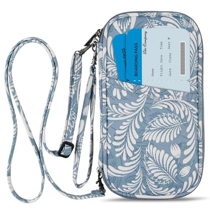 RFID Passport Wallet with Vaccine Card Slot, Family Travel Passport Holder Document Organizer Bag with Wrist & Neck Double Strap - color: Gray Leaf