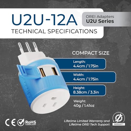 OREI Type L Travel Adapter with Dual USB – Italy, Chile & Uruguay, Blue - style: Type L - Italy