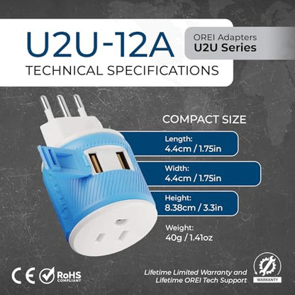 OREI Type L Travel Adapter with Dual USB – Italy, Chile & Uruguay, Blue - style: Type L - Italy