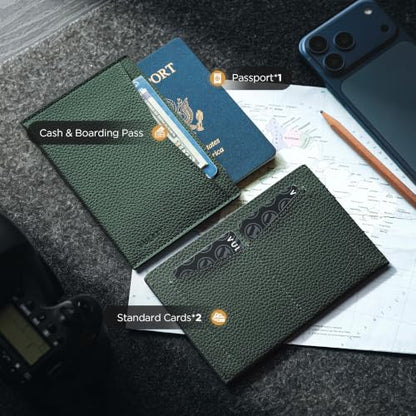 VULKIT Passport Cover Ultra Slim Design Leather Passport Sleeve RFID Blocking with 2 Card Slots, Anti-Theft Travel Essentials - color: Grain Forest Green
