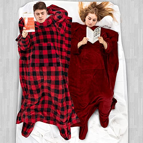 PAVILIA Fleece Blanket with Sleeves, Foot Pockets for Women Men, Dark Red - color: Wine, size: Fleece