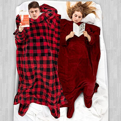 PAVILIA Fleece Blanket with Sleeves, Foot Pockets for Women Men, Dark Red - color: Wine, size: Fleece