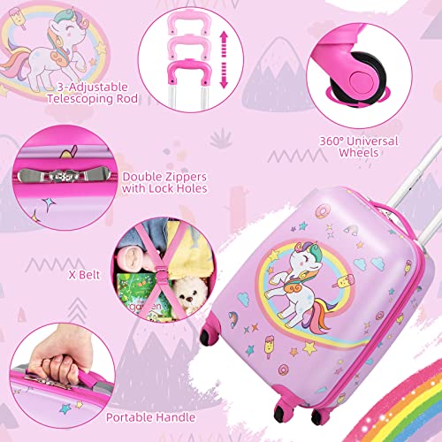 GYMAX Kids Carry On Luggage Set, 12" & 16" 2PCS Rolling Suitcase - color: Unicorn