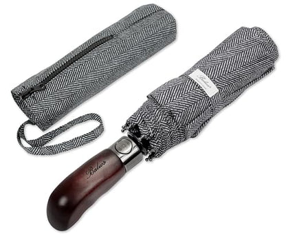 Balios Folding Umbrella Real Wood Handle Auto Open Close - color: Herringbone Classic Black