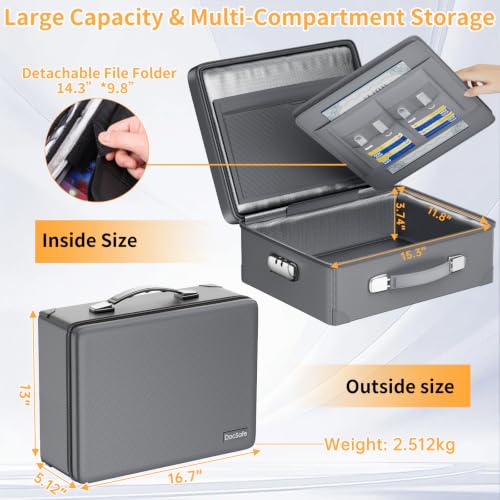 DocSafe 6400°F Fireproof Document Box with Lock, 10 Layers Heat Insulated - color: Grey