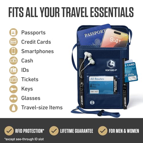 VENTURE 4TH Travel Neck Wallet, RFID Blocking Passport Holder - Navy Blue - color: Navy Blue