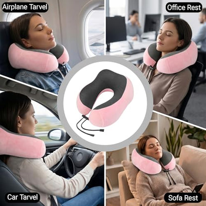 Travel Neck Pillow, 100% Memory Foam, U-Shaped with Storage Box, Pink - color: Pink