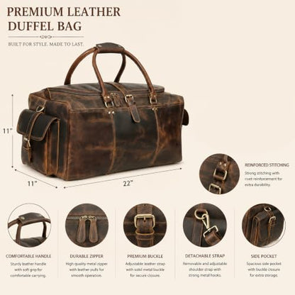 Cuero Full Grain Leather Duffle Bag for Men, Buffalo Overnight Weekend Travel Bag, Carry On with Organized Pockets, YKK Zippers, Adjustable Strap (Choclate Brown) - color: Choclate Brown