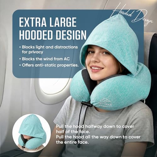 SkytraxComf® Travel Neck Pillow with Hood for Privacy on Long Flights - color: Mint Blue