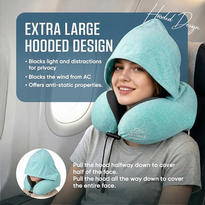 SkytraxComf® Travel Neck Pillow with Hood for Privacy on Long Flights - color: Mint Blue