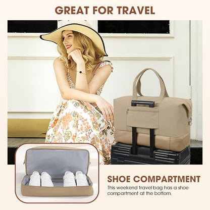 Women's Weekender bag Travel Duffel Bag with Shoe Compartment 21-inch Airline-Approved Carry-On, 2-Piece Overnight Bag Set Personal Item Luggage - color: 1-Khaki