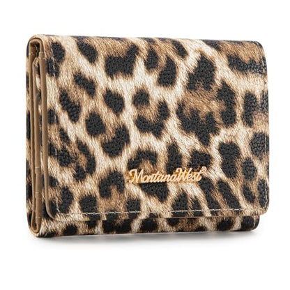 Montana West Small Wallets Woman RFID Blocking Wallet Trifold Pocket Wallet with ID Window - color: Z Leopard Tan