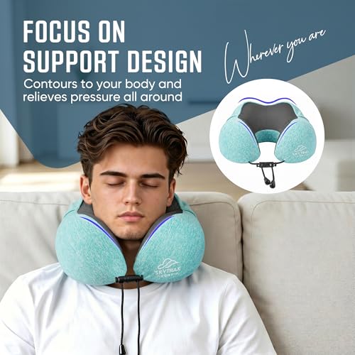 SkytraxComf® Travel Neck Pillow with Hood for Privacy on Long Flights - color: Mint Blue