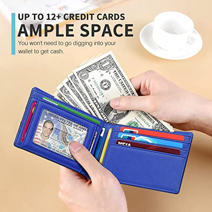 RUNBOX Wallet for Men, Slim Leather Bifold, RFID Blocking Card Holder - color: carbon black blue