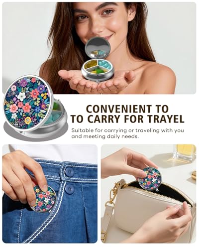 LRITER Pill Case, 3 Compartment Portable Travel Pill Box, Pillbox Organizer - color: Pill Case-flower