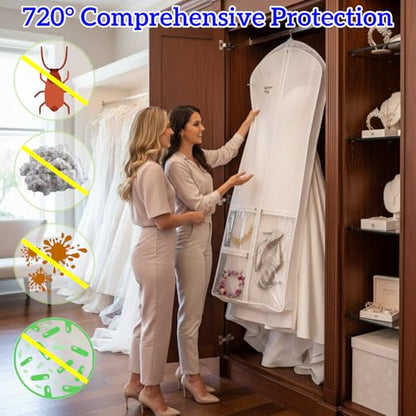 72" Long Wedding Dress Garment Bag with 10" Gusset, Bridal Gown Storage Cover with 4 Pockets, Dress Bag for Women Gowns,Prom,Ballgowns,White (72" x 24" x 10") - color: White and Clear