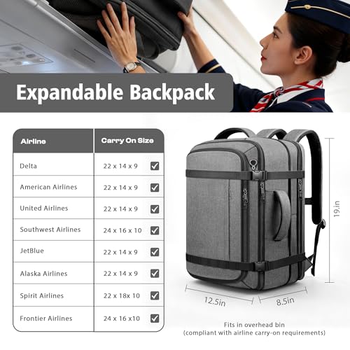 Comfort Travel Backpack,Expandable Carry on Backpack with LifetimeWarranty - color: Grey, size: 17.3inch (19"x12.5"x5.5")
