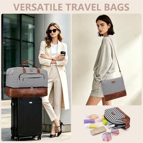 Large Women Travel Weekender Bag: Carry on Duffle with Shoe Compartment - color: 01 Black Striped