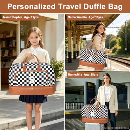 TIBES Gift for Her, Weekender Bag for Women Initial Travel Duffle Bag - color: Black & White Checkerboard, style: E