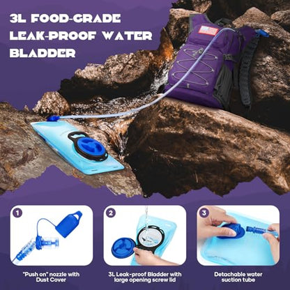 Maelstrom Lightweight Hydration Hiking Backpack with 2L/3L Water Bladder - color: 5.Purple, size: 3L Bladder