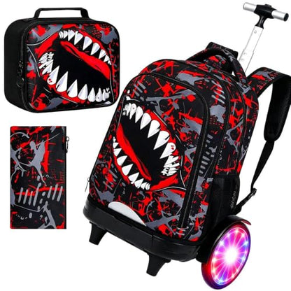 20 Inches Large Wheels Rolling Backpack for Boys with Light Up, 3Pcs Kids Graffiti Shark Wheeled Backpack Set for Elementary School (Red) - color: BigMouth-Red (Large Wheel)