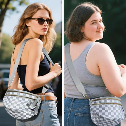 Checkered Crossbody Bags for Women, Large Nylon Bum Bags - color: Light Grey Checkered