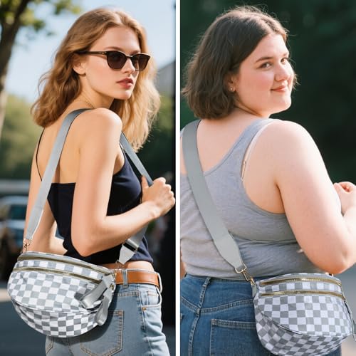 Checkered Crossbody Bags for Women, Large Nylon Bum Bags - color: Light Grey Checkered
