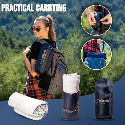alkamto Travel & Camping Comfortable Memory Foam Pillow – Easy to Carry Portable Bag – Temperature Regulating Pillow Case - size: 15.7 x 10.6 x 3.9 In - White + Extra Cover