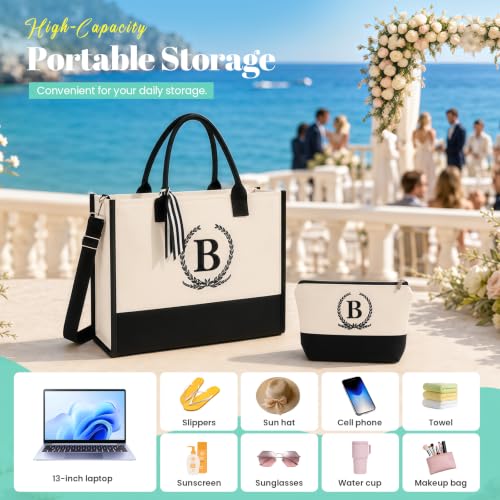 Embroidered Floral Monogram Canvas Tote with Zipper Pockets Gift for Her - color: B