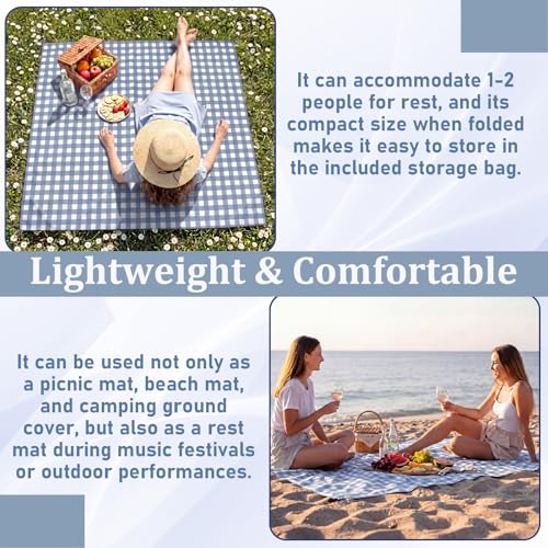 HunnmingRe Gingham Pocket Picnic Blanket Lightweight Portable, Dust Blue - color: Dust Blue, style: Gingham