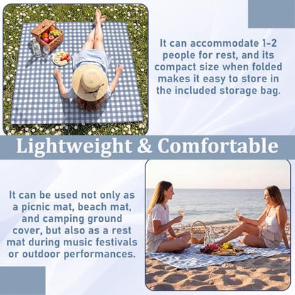 HunnmingRe Gingham Pocket Picnic Blanket Lightweight Portable, Dust Blue - color: Dust Blue, style: Gingham