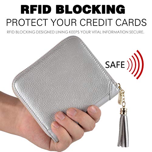 Easyoulife Womens Credit Card Holder Wallet Zip Leather Card Case RFID Blocking (Silver) - color: Silver