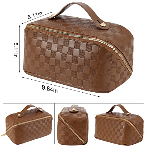 ALEXTINA Travel Makeup Bag, Checkered PU Leather Cosmetic Bag, Brown - color: brown, size: Medium