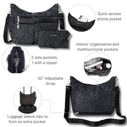 Baggallini Modern Everywhere Crossbody Bag for Women 11x9x4.5 Rfid Hobo Bag - color: Midnight Blossom Print