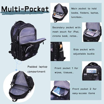 3Pcs Galaxy Boys Rolling Backpack Set with Lunch Bag, Galaxy Print Kids Backpack for Boys with Wheels - color: 3pcs-galaxy-black+blue