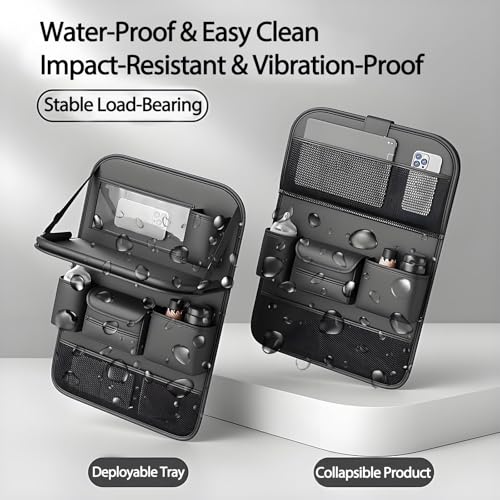 2 Pack Universal Foldable Car Backseat Organizer with Table Tray, Car Seat Back Protector with Touch Screen Phone Holder, Premium Leather Kick Mats with Storage Pockets Tissue Box (Black) - color: Blcak