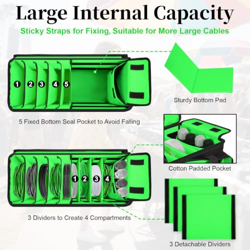 Large Dj Cable Bag with Detachable Dividers, Bottom Pad - color: Green, style: Dj Cable Bag