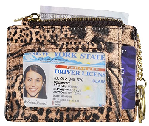 woogwin Slim RFID Credit Card Holder for Women Mini Front Pocket Wallet Purse With Keychain - color: Leopard