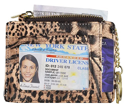 woogwin Slim RFID Credit Card Holder for Women Mini Front Pocket Wallet Purse With Keychain - color: Leopard