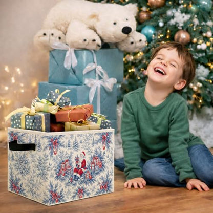 Blue Santa Toile Storage Bin, Christmas Organizer - color: Blue Santa Christmas