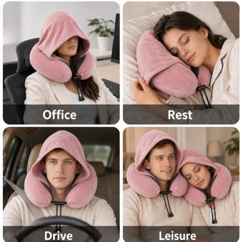 Travel Neck pillow for Airplane, with Large Hood Eye Mask Earplug and Bag - color: Pink