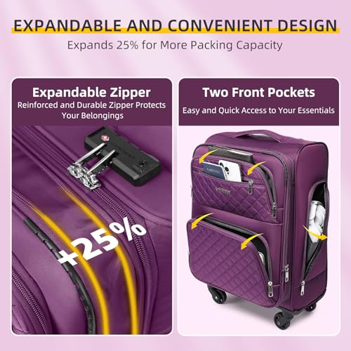 LARVENDER Softside Carry On Luggage 4 Piece, Expandable Carry On Luggage 22x14x9 Airline Approved Underseat Suitcase with Spinner Wheels TSA Lock, Purple (16/20/BP/TB) - color: Purple