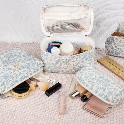 Gosect Makeup Bag Set, Quilted Makeup Bag, Large Floral Cosmetic Bag for Women, Cute Cotton Makeup Bags, Flower Travel Toiletry Organizer Bag (Blue Rose) - color: LMG