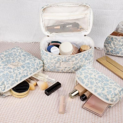 Gosect Makeup Bag Set, Quilted Makeup Bag, Large Floral Cosmetic Bag for Women, Cute Cotton Makeup Bags, Flower Travel Toiletry Organizer Bag (Blue Rose) - color: LMG