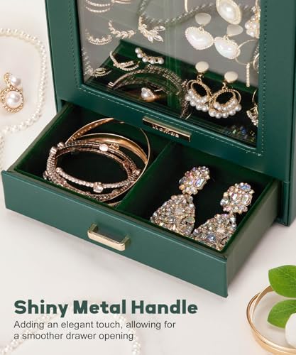Homde Display Jewelry Box for Girls: Starter Organizer with Clear Window - color: Forest Green + Gold