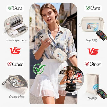 CYSIYU Small Crossbody Bag with Phone Lanyard and Wrist Strap Mini Checkered 4.5x6.5 Purse with RFID Clip and Go for Travel - color: Cream, size: Small