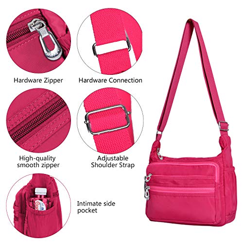 Crossbody Bag for Women Waterproof Shoulder Bag Multi Pockets Nylon Purse - color: Pink-s